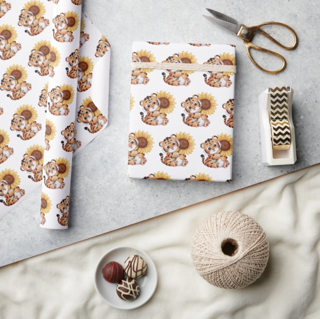 Watercolor Tiger Hugging a Sunflower Wrapping Paper (Crafts)