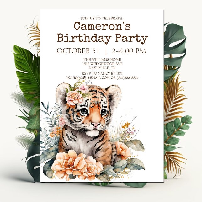 Watercolor Tiger in Flowers Birthday party Invitation (Creator Uploaded)
