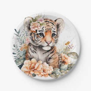 Watercolor Tiger in Flowers Paper Plate