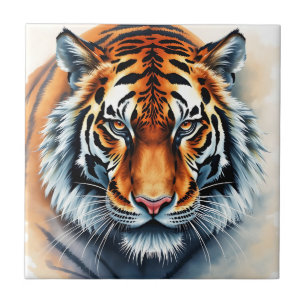 Watercolor Tiger Portrait With Fierce Eyes Tile