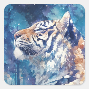 Watercolor Tiger Profile in Starry Night Square Sticker