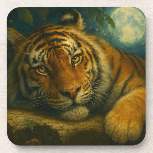 Watercolor Tiger Resting in Night Forest Coaster