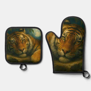 Watercolor Tiger Resting in Night Forest Oven Mitt & Pot Holder Set