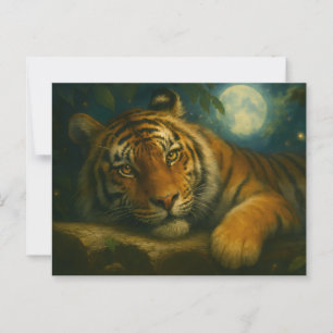 Watercolor Tiger Resting in Night Forest Postcard