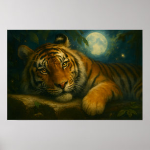 Watercolor Tiger Resting in Night Forest Poster