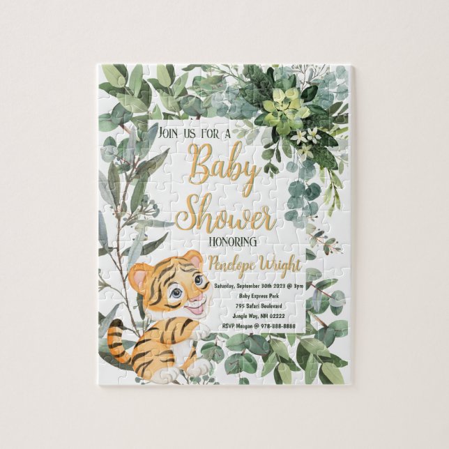 Watercolor Tiger Safari Jungle Leaf Baby Shower Jigsaw Puzzle (Vertical)