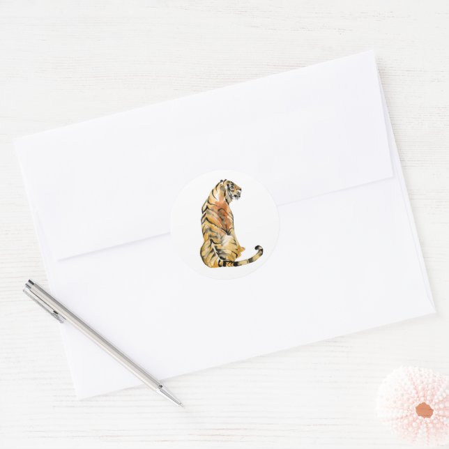 Watercolor Tiger Sitting Classic Round Sticker (Envelope)