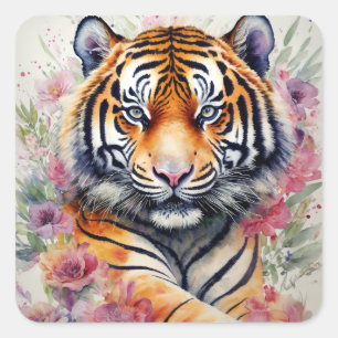 Watercolor Tiger With Flowers Floral Painting Square Sticker