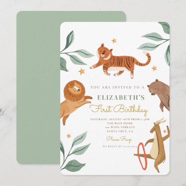 Watercolor Tiger Woodland Animal 1st Birthday  Invitation (Front/Back)