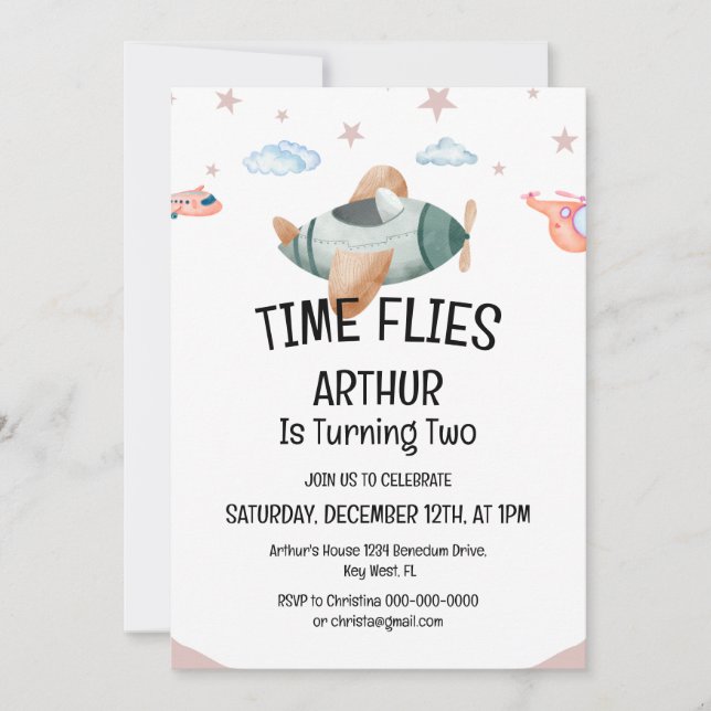 Watercolor Time Flies Aeroplane Birthday Invitatio Invitation (Front)