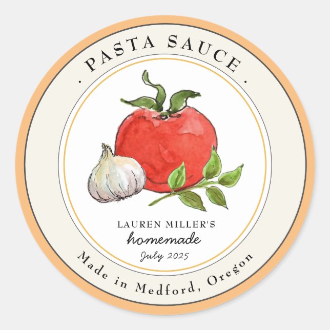 Watercolor Tomato garlic Pasta sauce  Classic Round Sticker (Front)