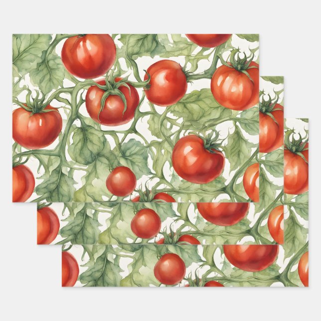 Watercolor Tomato Vine Pattern | Botanical Garden  Wrapping Paper Sheet (Set)
