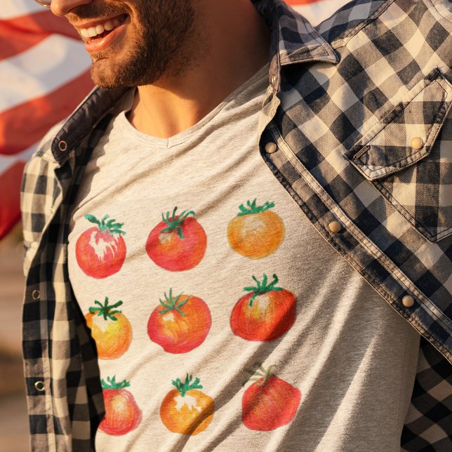 Watercolor Tomatoes Hand-Drawn Summer Foodie T-Shirt (These ripe red tomatoes and yellow tomatoes are all hand-drawn and hand-painted, by me!)