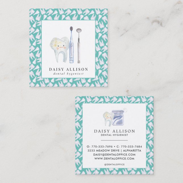 Watercolor Tooth Dentist Dental Hygienist Square Business Card (Front/Back)