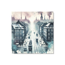 Watercolor Top Street View with Tram Lines