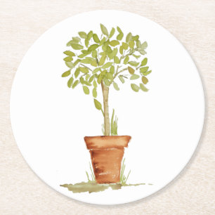 Watercolor Topiary Tree Round Paper Coaster