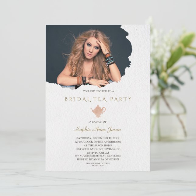 Watercolor Torn Paper Photo Bridal Tea Party  Invitation (Standing Front)