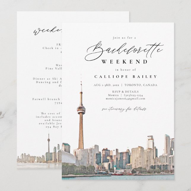 Watercolor Toronto Bachelorette Itinerary and Invitation (Front/Back)