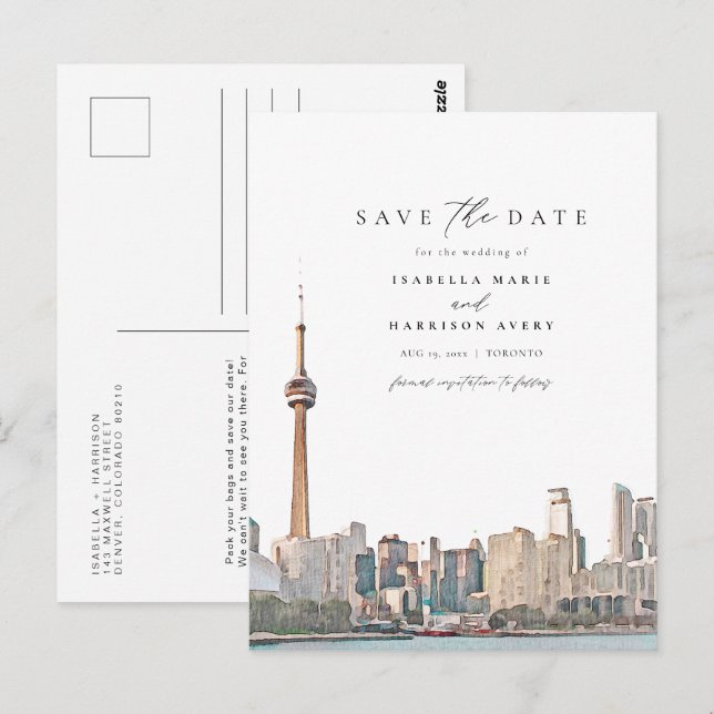 Watercolor Toronto Canada Skyline Save the Date Postcard (Front/Back)