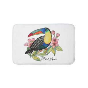 Watercolor Toucan Bird With Flowers Bath Mat
