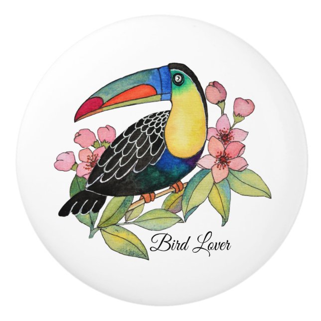 Watercolor Toucan Bird With Flowers Ceramic Knob (Front)