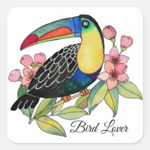 Watercolor Toucan Bird With Flowers Square Sticker