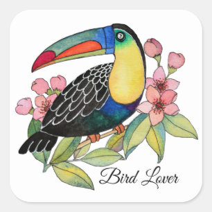 Watercolor Toucan Bird With Flowers Square Sticker