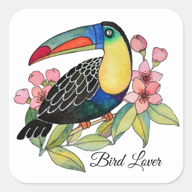 Watercolor Toucan Bird With Flowers Square Sticker (Front)