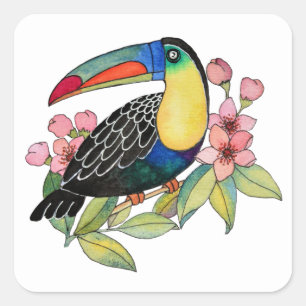Watercolor Toucan Bird With Flowers Square Sticker