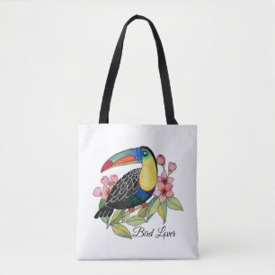 Watercolor Toucan Bird With Flowers Tote Bag