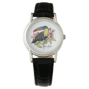 Watercolor Toucan Bird With Flowers Watch