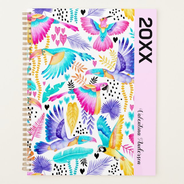 Watercolor Toucans, Maccaws + Hummingbird Tropical Planner (Front)
