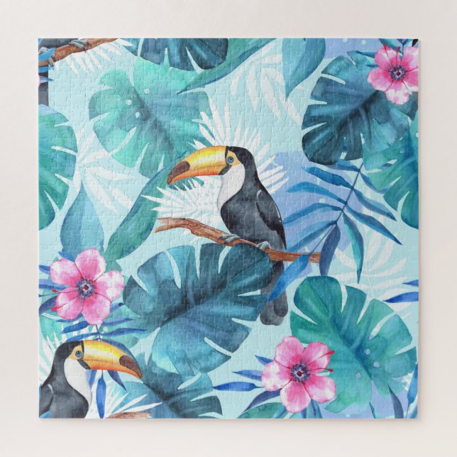 Watercolor Toucans: Tropical Seamless Jigsaw Puzzle (Vertical)