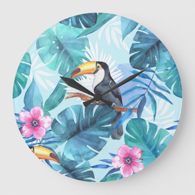 Watercolor Toucans: Tropical Seamless Large Clock (Front)