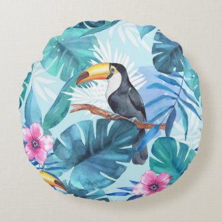 Watercolor Toucans: Tropical Seamless Round Cushion