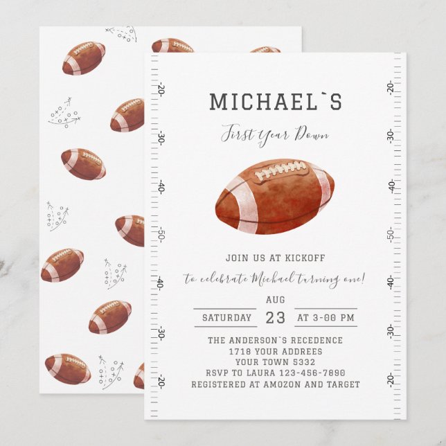 Watercolor touchdowns american football baby showe invitation (Front/Back)
