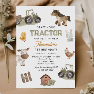 Watercolor Tractor 1st Birthday Invitation