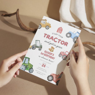 Watercolor tractor 1st birthday invitation