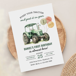 Watercolor Tractor 1st Birthday Party Invitation