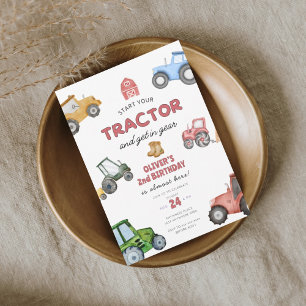 Watercolor tractor 2nd birthday invitation
