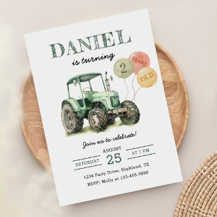 Watercolor Tractor 2nd Birthday Party Invitation