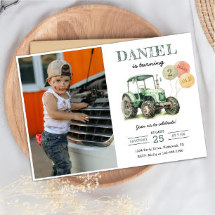 Watercolor Tractor 2nd Birthday Party Photo Invitation