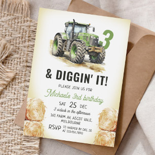 Watercolor Tractor 3rd Birthday Party Invitation
