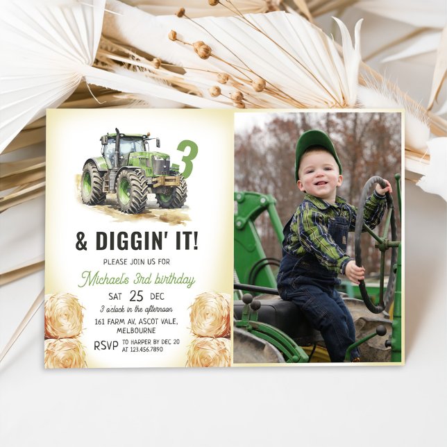 Watercolor Tractor 3rd Birthday Party Photo Invitation (Creator Uploaded)