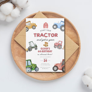 Watercolor tractor 6th birthday invitation