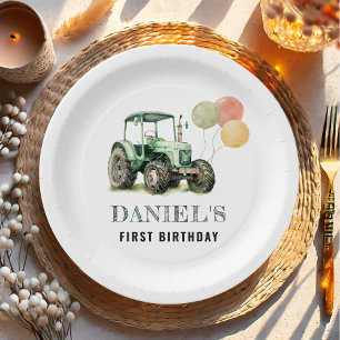 Watercolor Tractor Birthday Party Paper Plate