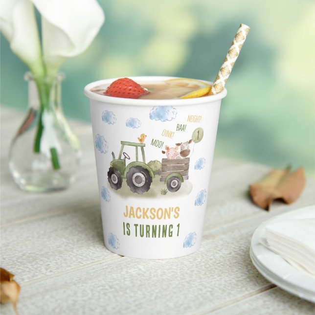 Watercolor Tractor Farm 1st Birthday  Paper Cups (Insitu)
