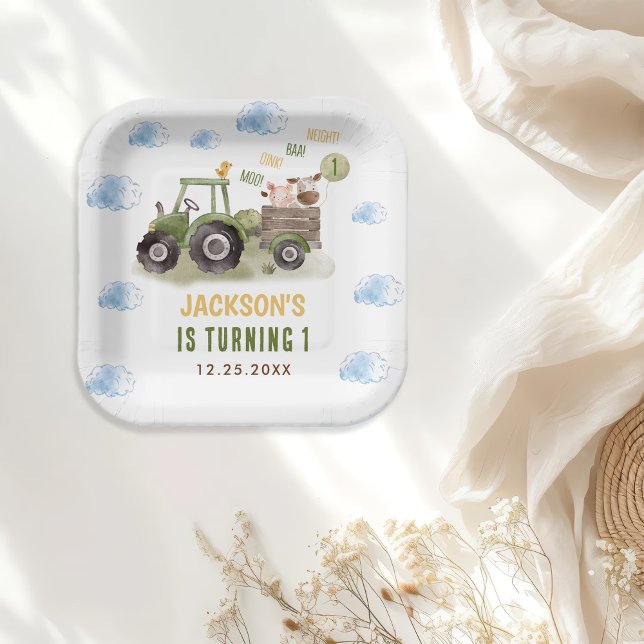 Watercolor Tractor Farm 1st Birthday Paper Plate (Creator Uploaded)