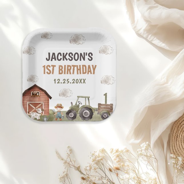 Watercolor Tractor Farm 1st Birthday  Paper Plate (Creator Uploaded)