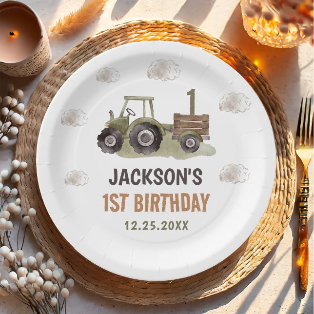 Watercolor Tractor Farm 1st Birthday  Paper Plate (Creator Uploaded)